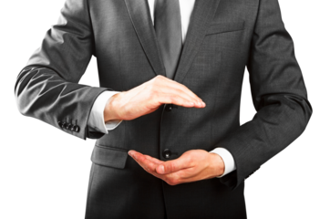 Closeup of a man in a business suit making a gesture with his hands against a white background, concept of measurement