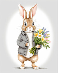 Osterhase mit Blumen - Ein freundlich lächelnder Hase im Anzug hält einen Strauß Frühlingsblumen.