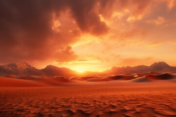 Desert landscape with sand dunes and a dramatic sunset sky.
