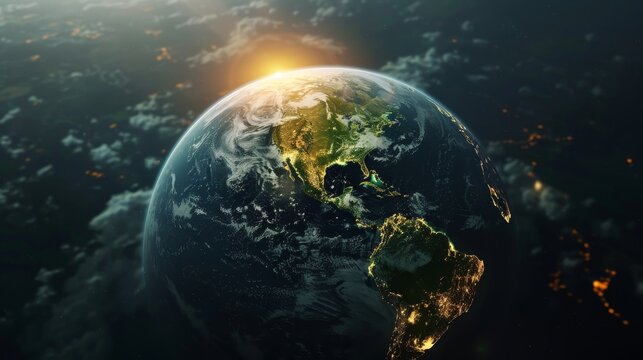 A close up of the Earth at night with the sun setting in the background. Concept of awe and wonder at the beauty of the planet and the vastness of the universe