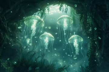 Obraz na płótnie Canvas : A mysterious underwater cave with shimmering algae and glowing jellyfish surrounding it