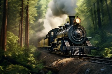 Steam locomotive in forest - obrazy, fototapety, plakaty