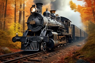 Vintage steam locomotive passing through a forest in autumn. - obrazy, fototapety, plakaty