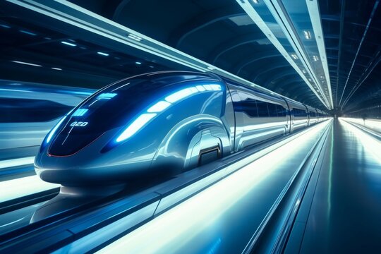 High-speed maglev train in futuristic city tunnel