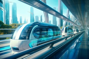 Futuristic monorail train in glass tunnel