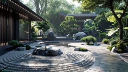A serene garden with a stone path and a pond. The pond is surrounded by rocks and has a small fountain. The garden is peaceful and calming, with a sense of tranquility and relaxation