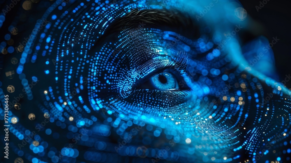 Poster a blue eye with a blue background. the eye is the main focus of the image, and the blue background a