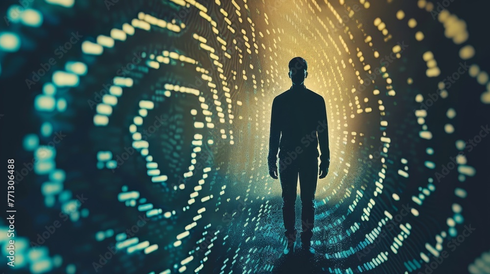 Poster a man is walking through a tunnel of light. the tunnel is filled with a lot of dots and the man is t