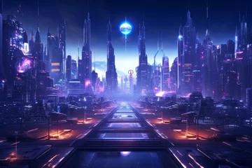 Foto op Canvas Futuristic city with neon lights and flying cars © Michael Böhm