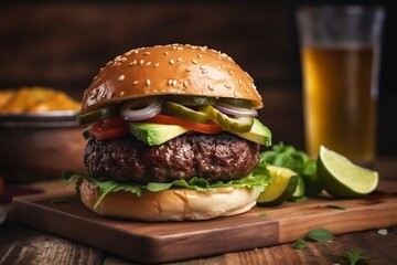 Delicious Beef Burger with Avocado, Lettuce, and Tomato on a Wooden Cutting Board
