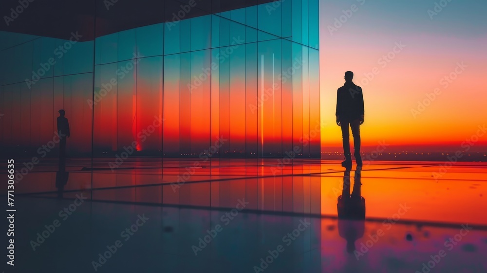 Poster a man stands in front of a building with a beautiful sunset in the background. the man is wearing a 