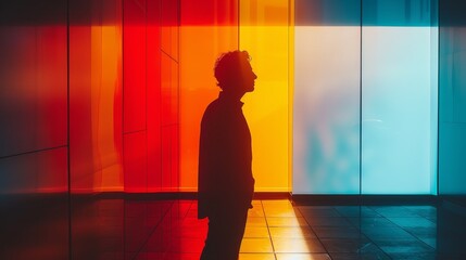 A man stands in front of a colorful wall, looking at the wall. The wall is made of glass and has a rainbow effect. The man is wearing a black jacket and he is lost in thought