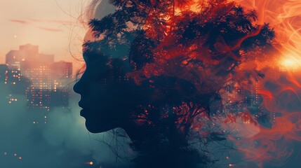 A woman's face is shown in a painting with a tree in the background. The painting has a mood of mystery and intrigue - obrazy, fototapety, plakaty