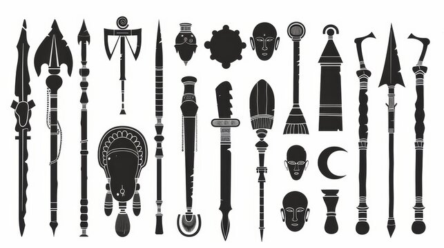 A collection of weapons and tools, including a spear, a sword, and a bow and arrow