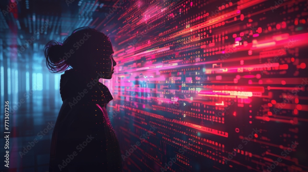Poster a woman is looking at a computer screen with a lot of numbers and lines. concept of technology and t