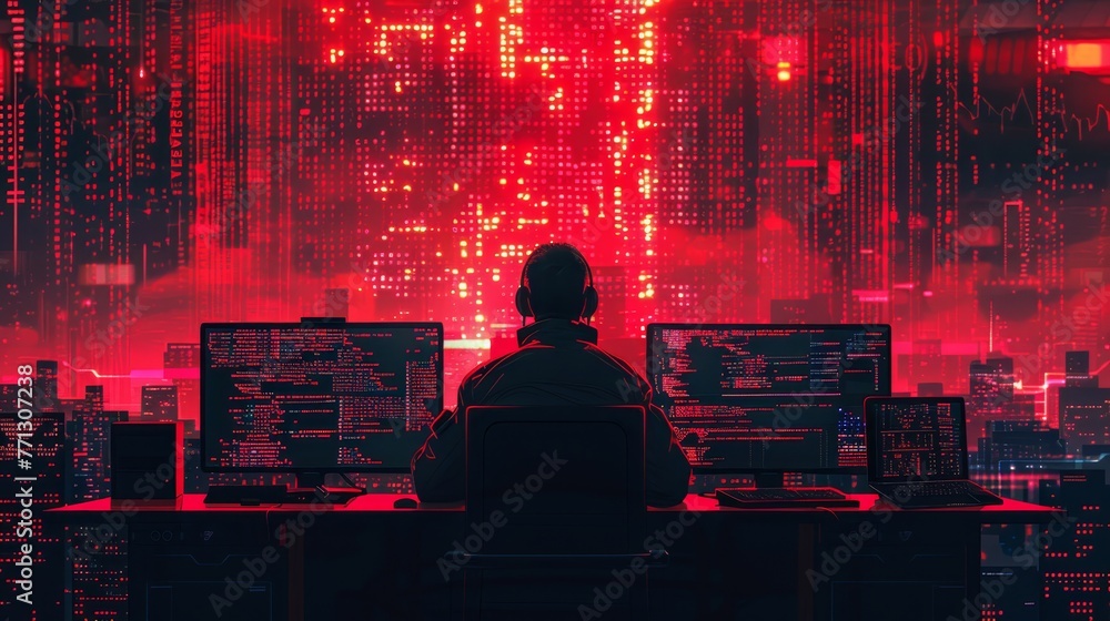 Poster a man is sitting in front of a computer with a red background. the man is wearing headphones and is 
