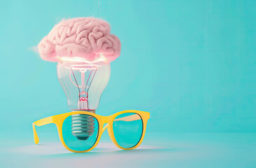 A lightbulb with a glowing brain inside, minimal pastel One minimal cloud made of wool lavitating in air with big sunglasses yellow frame against pastel yellow background
