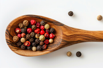 closeup of wooden spoon with various pepper