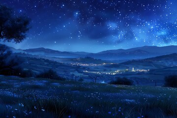 : A peaceful countryside landscape at night, with a starry sky and the glow of a nearby town