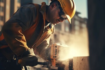 Construction worker operating jackhammer on site. - obrazy, fototapety, plakaty