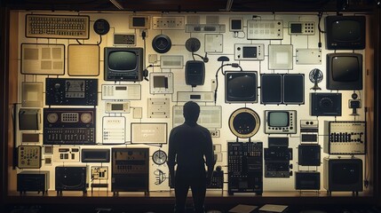 A man stands in front of a wall of old televisions and other electronic devices. Concept of nostalgia and curiosity, as the viewer is drawn to the history and technology of the past - obrazy, fototapety, plakaty