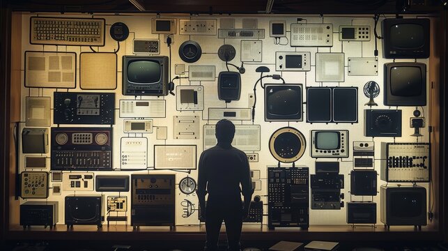 A man stands in front of a wall of old televisions and other electronic devices. Concept of nostalgia and curiosity, as the viewer is drawn to the history and technology of the past