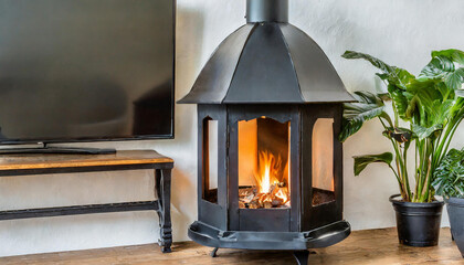 Black chiminea fireplace near television and potted plants