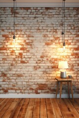 Exposed brick wall with two hanging lights and a wooden table with a lamp on it