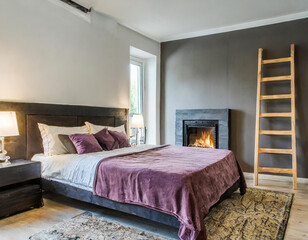 Scandinavian interior design of modern bedroom. Bed with purple bedding and wooden ladder shelf near fireplace.