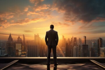 Businessman on rooftop at sunset
