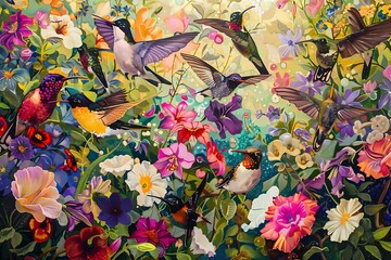 : A playful, charming flock of birds fluttering through a vibrant, lively garden, surrounded by beautiful flowers and foliage