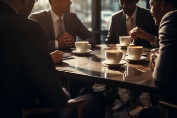 Group of businesspeople having discussion over coffee. - obrazy, fototapety, plakaty