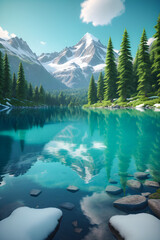 Mountain Majesty: Alpine Lake Surrounded by Forests. Mirror of the Mountains: Pristine Lake Reflection. generative AI