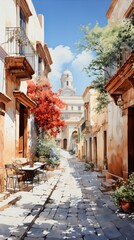 Aquarelle painting of a narrow street with a view of the church