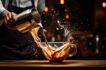 A person gracefully pours hot coffee into a waiting cup, creating a mesmerizing moment of liquid...