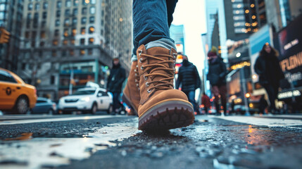 A person wearing boots walks along a city street lined with buildings