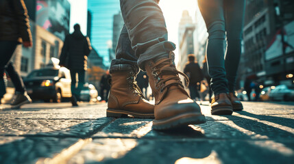 A group of people, including a man in boots, are strolling down a city street lined with skyscrapers - obrazy, fototapety, plakaty