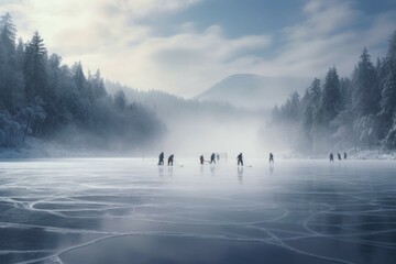 Ice hockey players skating on frozen lake