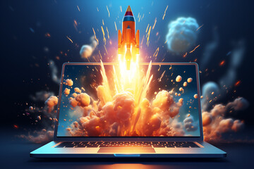 Rocket coming out of laptop screen. startup and technology concept - obrazy, fototapety, plakaty