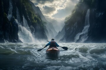 Kayaker paddling through a rough river with a stunning natural landscape in the background