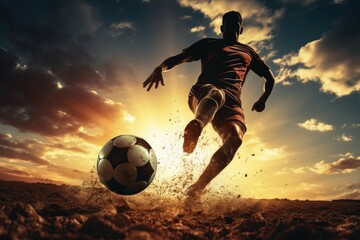 Soccer player scoring goal at sunset. - obrazy, fototapety, plakaty