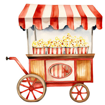 AI-generated watercolor Popcorn cart clip art illustration. Isolated elements on a white background.