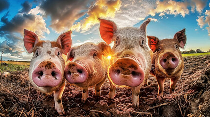 A group of pigs are standing on top of a dirt field, exhibiting typical behavior in their natural habitat