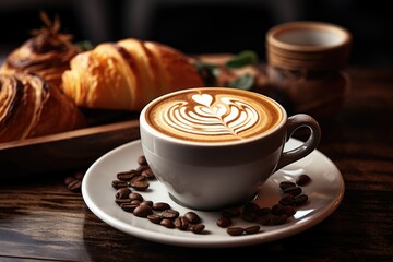 A cappuccino rests on a saucer, surrounded by freshly roasted coffee beans, creating a fragrant and picturesque scene. Generative AI
