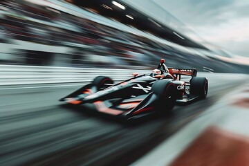 : A race car zooming by at top speed, with the motion blurring the background