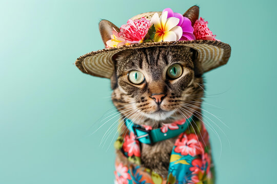 cat dressed in a Hawaii style summer outfit, wearing a hat with flowers on a pastel background, bold colors, summer vacation concept