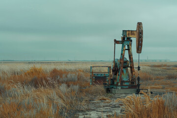 A rusted old oil rig sits in a field of dry grass