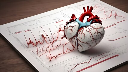 Heart attack concept, ECG graph, and human heart diagram. three-dimensional drawing. - obrazy, fototapety, plakaty