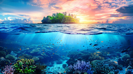 A coral reef stretches beneath the oceans surface, with a tropical island visible in the distant background - obrazy, fototapety, plakaty