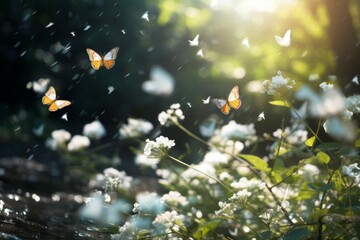 young white flowers flying through a forest with butterflies